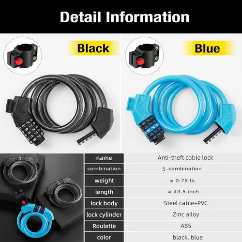 Vista 3 de Candado de bicicleta con soporte de montaje, cable de bicicleta de 4 pies, cable básico autoenrollable de 5 dígitos con combinación reiniciable, Azul