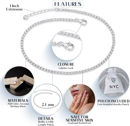Vista 2 de NYC Sterling - Tobillera de plata de ley con circonitas cúbicas para mujer