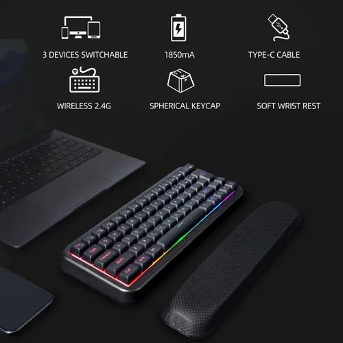 Vista 3 de Teclado inalámbrico para juegos %60, recargable de 2000 mAh, 2.4 G, teclado inalámbrico retroiluminado LED, teclado ergonómico con teclas