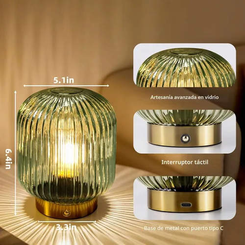 Vista 5 de MJ PREMIER Lámpara de mesa recargable, lámpara inalámbrica con función de memoria, verde Pequeña lámpara de cristal LED con brillo de Dimmable