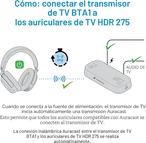 Vista 11 de Auriculares Sennheiser RS 255 para TV - Paquete de Auriculares Bluetooth y Transmisor - Auriculares Inalámbricos de Baja Latencia con Sonido