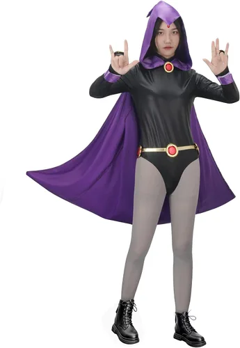Vista 2 de Disfraz de cuervo para mujer, overol negro con capa morada con capucha, capa y cinturón, traje de Halloween, fiesta de cosplay