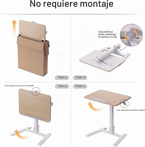 Vista 9 de alawooder 25" Mobile Folding Desk: Pneumatic Sit-Stand, No Assembly Escritorio para portátil con ruedas ajustables de 29 a 42 pulgadas, ruedas Beige