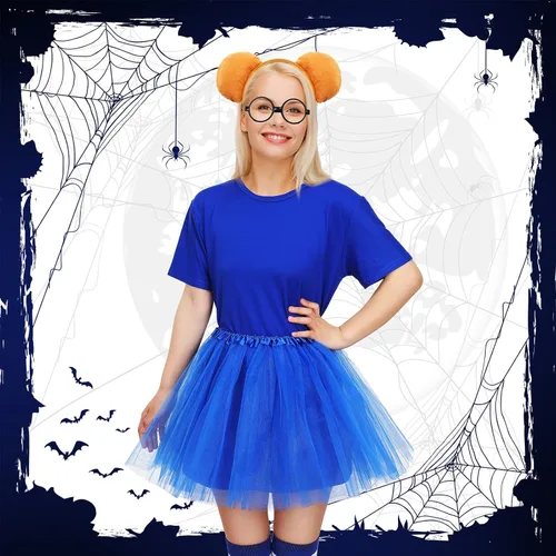 Vista 6 de Bonuci Juego de 6 piezas de disfraz de animal de Halloween, camiseta azul para adultos, calcetines, anteojos, orejas, diadema, cola y tutú