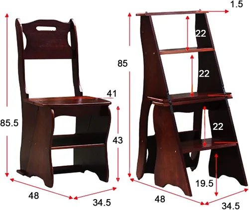 Vista 2 de Silla plegable de madera para biblioteca, taburete multifuncional 2 en 1, ligero, portátil, multifuncional, taburete de 4 escalones de doble Nogal