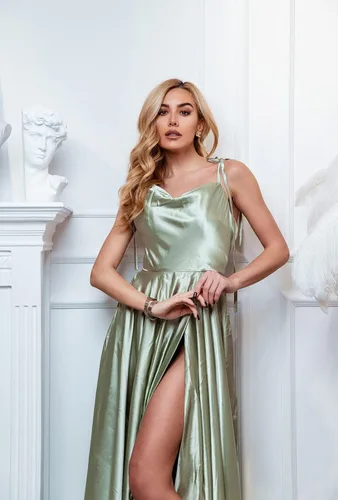 Vista 4 de Miao Duo MDPM154 - Vestidos largos de satén con abertura alta para mujer, con tirantes delgados ajustables, vestidos de fiesta formales con bolsillos
