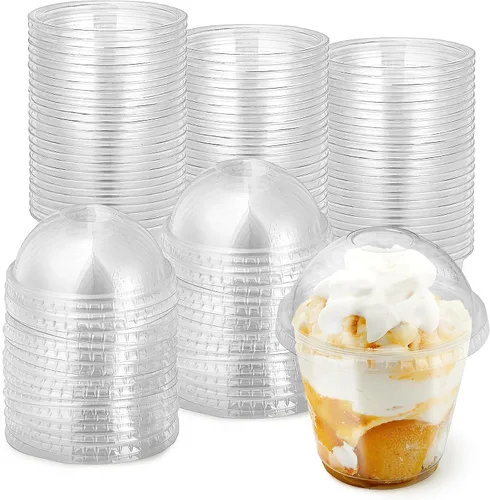 Vista 9 de Mini tazas de plástico transparente para postre con tapas de 5 onzas (juego de 50) taza de parfait desechable pequeña, tapa de cúpula, sin agujero