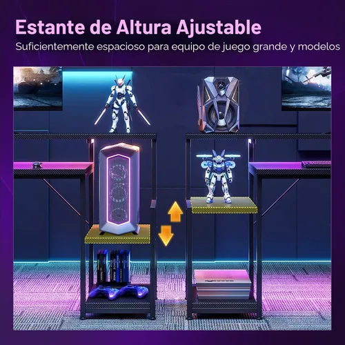 Vista 6 de AODK Escritorio para juegos de 48 pulgadas con luces LED y soporte para CPU