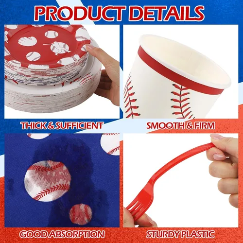 Vista 3 de Kochorie Juego de vajilla desechable de béisbol de 400 piezas, suministros para fiestas de béisbol con platos, tazas, servilletas, cubiertos para 50