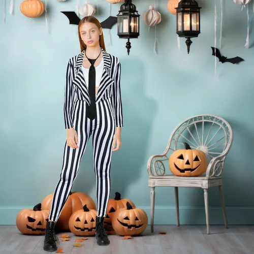 Vista 4 de SATINIOR Traje de Halloween a rayas verticales blancas y negras para mujer, pantalones de longitud con chaqueta de corbata