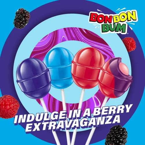 Vista 6 de Colombina Bon Bon Bum - Paletas con centro de chicle, sabor a explosión de bayas, paletas surtidas envueltas individualmente, golosinas