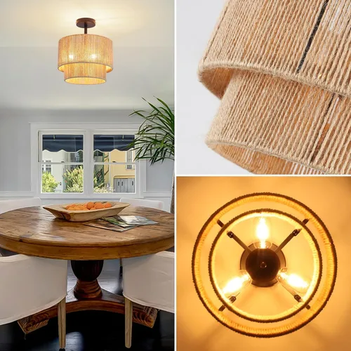 Vista 4 de 12.6" Boho Light Fixtures Ceiling Mount, Coastal Hemp Rope Semi Flush Mount Ceiling Light,3-Light Rustic Rattan Ceiling Light With 2-Tier Drum Shade