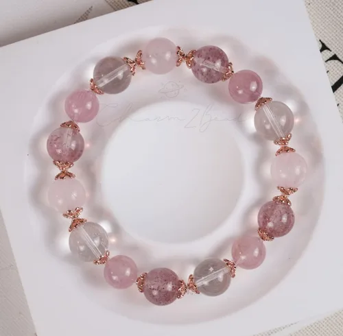 Vista 6 de Piedra preciosa rosa y oro rosa cuarzo rosa, cuarzo fresa, azeztulita, cuarzo rutilado pulsera hecha a mano con diseño original