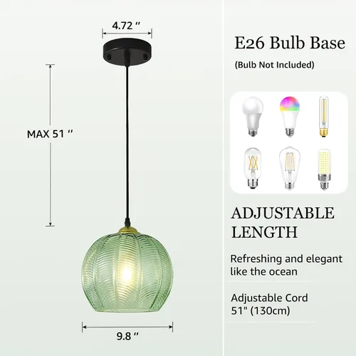 Vista 3 de Lámpara Colgante de Cristal Verde, Iluminación Colgante de Globo Grande Individual de 9.8 Pulgadas Nórdica Acanalada para Techo Colgante, Lámpara