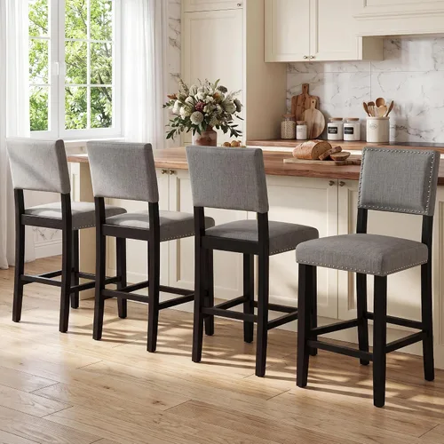 Vista 13 de LSSBOUGHT Taburete de bar tapizado de tela de lino con patas de madera de goma, silla de bar con ribete clavado para isla de cocina