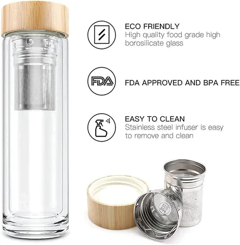 Vista 3 de Botella de té COMI, 14 oz, vidrio de borosilicato, de doble pared, con infusor y colador, tapa de bambú, 400ml