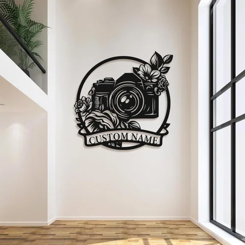 Vista 4 de Letrero de metal personalizado para fotógrafo, arte de pared de hierro para cámara y niña con cámara, decoración única con temática de fotografía
