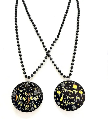 Vista 4 de 12 Piezas Collar de Cuentas Feliz Año Nuevo Collar de Medallón Colgante de Cuentas de Nochevieja Collar de Cuentas para Regalo de Fiesta