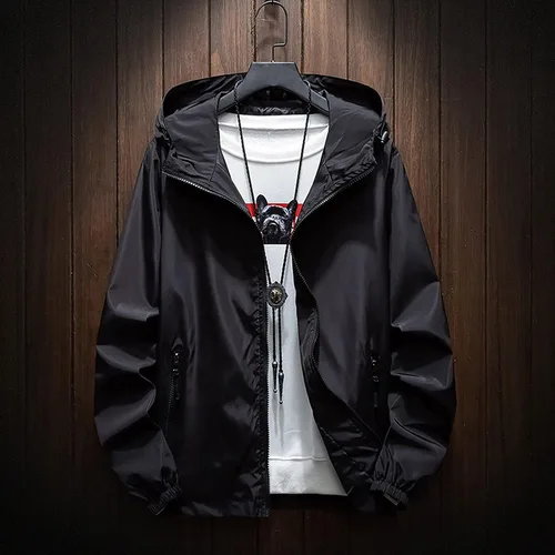 Vista 2 de Chaqueta impermeable ligera para hombre, rompevientos, informal, reflectante, con cremallera, con capucha, M-7XL
