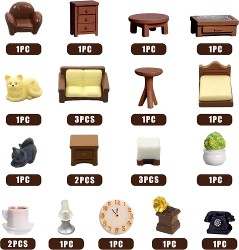 Vista 4 de Kit de 23 piezas de mini muebles marrones para casa de muñecas, accesorios de decoración DIY que incluyen juego de comedor, sala de estar