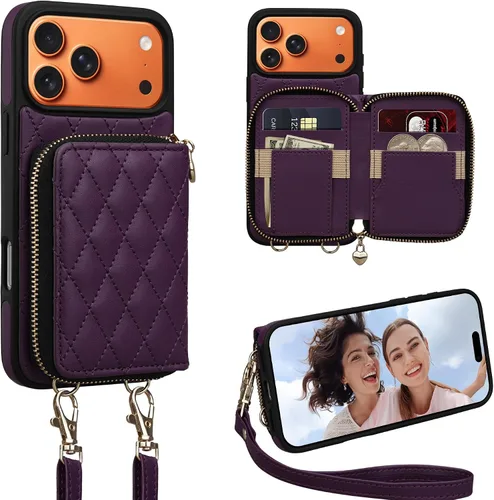 Vista 52 de Funda para iPhone 12 Pro/iPhone 12 de 6.1 pulgadas, cartera cruzada con cremallera para mujer, tarjetero con bloqueo RFID, funda de cuero con Negro