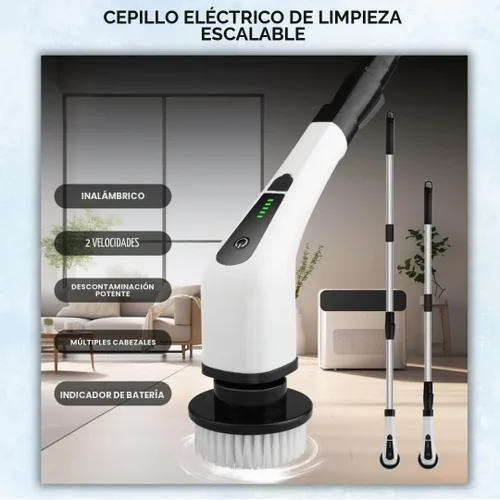 Vista 8 de Limpiador eléctrico giratorio, cepillo de limpieza inalámbrico con 8 cabezales reemplazables, mango ajustable, limpiador eléctrico de doble