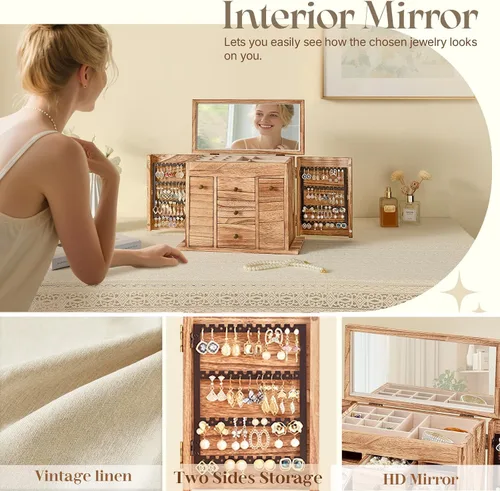 Vista 3 de Joyero organizador, cajas de joyería de madera maciza para mujeres con espejo, caja organizadora de joyas grande para exhibir aretes, collar