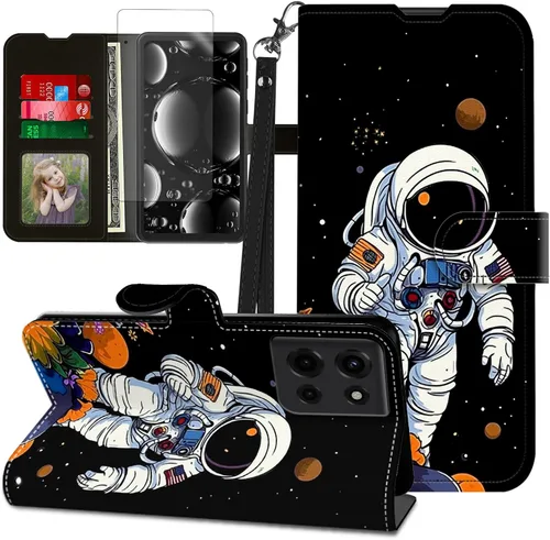 Vista 240 de Funda para Motorola Edge 2022 con protector de pantalla, soporte y tarjetero y correa para la muñeca, funda magnética para Moto Edge 2022 5G UW Lobo