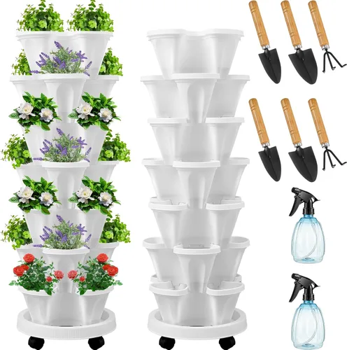 Vista 7 de Umigy Juego de 2 macetas verticales de 7 niveles, apilables, macetas de fresa, hierbas y verduras, macetas de jardinería para interiores