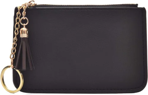 Vista 6 de Monedero de cuero para mujer con llavero, cartera de cambio, tarjetero con borla y cremallera, Negro, Pequeño, Minimalista