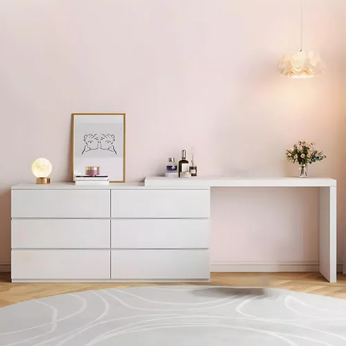 Vista 10 de LAKIQ Moderno juego de escritorio de maquillaje blanco con taburete de espejo, tocador ajustable de madera fabricada con 6 cajones de almacenamiento