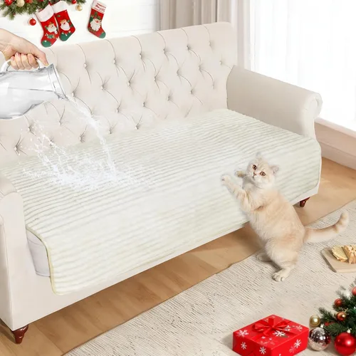 Vista 11 de NAISI Fundas de sofá para perros, funda impermeable de franela a rayas, apta para mascotas, lavable, protector antideslizante para sofá seccional