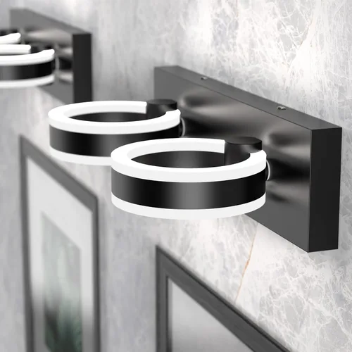 Vista 4 de Lámparas LED de baño, luces negras de tocador de 15 pulgadas, modernos apliques de pared acrílicos de 2 luces, accesorio de iluminación de pared