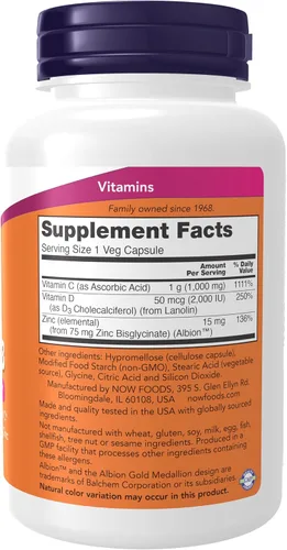 Vista 2 de Now Supplements, C-1000 Zinc & D-3, apoyo inmunológico estacional*, 100 cápsulas vegetales