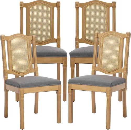 Vista 39 de ODUSE-DAILY Juego de 2 sillas de comedor French Country color beige, sillas de comedor de madera bohemia con respaldo tejido y asiento tapizado