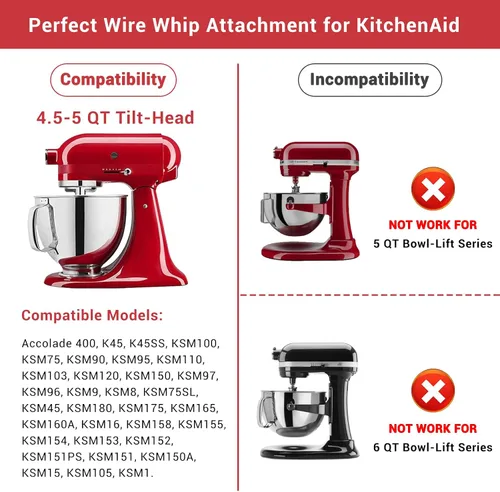 Vista 4 de Accesorio de látigo de alambre para KitchenAid, accesorios para mezclador KitchenAid de 4.5 a 5 cuartos de galón, repuesto K45WW, reemplazo
