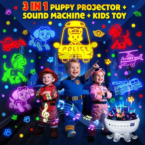Vista 2 de Proyector para cachorros de juguetes para niños, 30 sonidos relajantes+máquina de sonido de 4 diapositivas, proyector de luz nocturna para bebé, 93