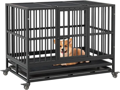 Vista 2 de Jaula para perros resistente, jaula para perros de interior de 37 pulgadas con doble puerta, ruedas con bloqueo de 360° y bandeja extraíble, fácil