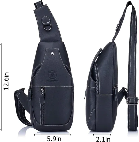 Vista 2 de BULLCAPTAIN Bolso bandolera de cuero genuino para hombre, bandolera para el pecho, mochila de viaje, Negro -, Mochilas Sling