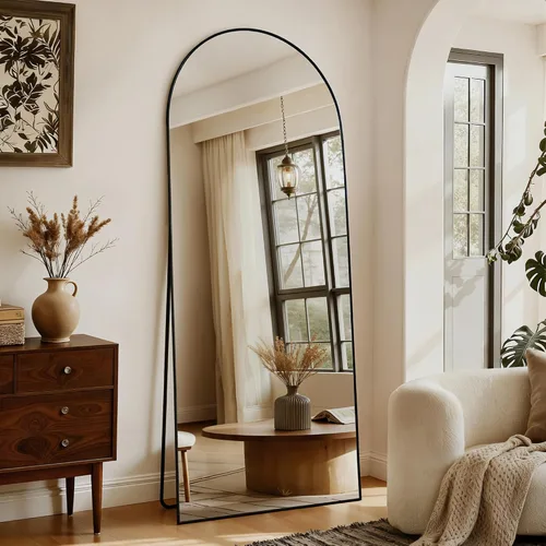 Vista 8 de Espejo de Cuerpo Entero 56"x21" - Espejo de Cuerpo Arqueado de Pie con Marco de Aluminio, Inclinado/Colgante para Dormitorio Vestidor Sala de Estar