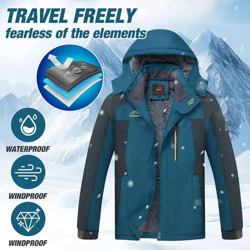 Vista 4 de Chaqueta de esquí de invierno para hombre, cálida e impermeable, forro polar, abrigo de nieve con capucha y resistente al viento, impermeable