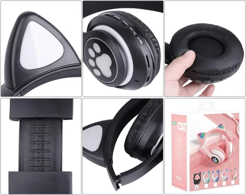 Vista 4 de TCJJ Cat Ear Kids Bluetooth Headphones, LED, 85dB Volume Limit Negro