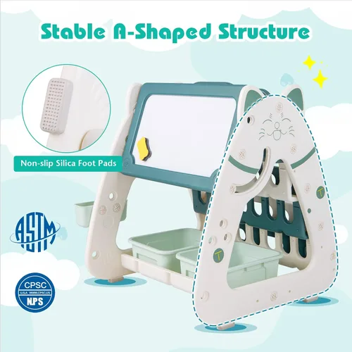 Vista 4 de Costzon Caballete de arte 3 en 1 para niños, pizarra magnética de borrado en seco de doble cara y estante para libros para niños con silla
