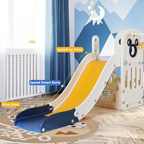 Vista 3 de Arlopu Juego de tobogán 6 en 1 para niños pequeños, tobogán resistente para niños con aro de baloncesto y telescopio, pasos antideslizantes, juego