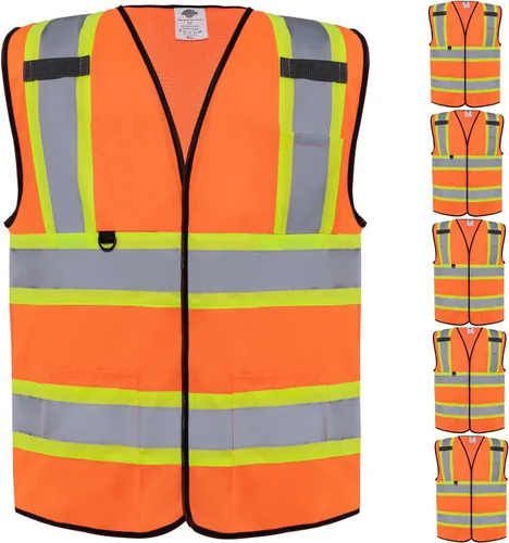 Vista 7 de Dazonity Chaleco de seguridad con múltiples bolsillos, 2 piezas, reflectante y de alta visibilidad para el trabajo, construcción, estacionamiento