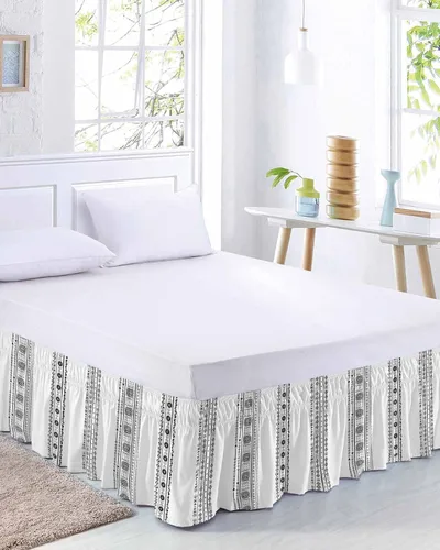 Vista 2 de Falda de cama bohemia tamaño Queen de 16 pulgadas de caída, ajustable y elástica, plisada, con volantes de lujo para cama individual, matrimonial