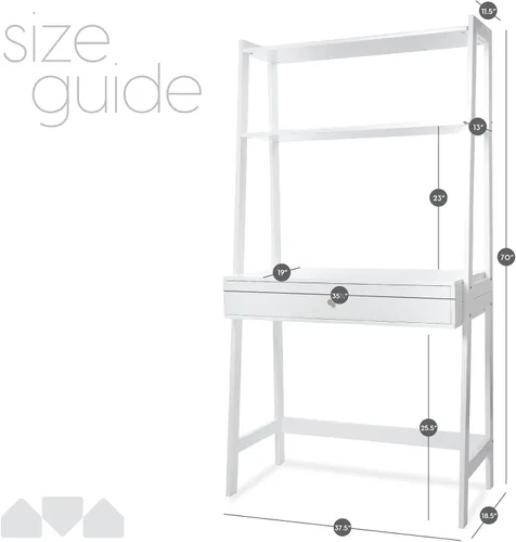 Vista 3 de Milliard Escritorio de escalera con almacenamiento, escritorio de pared independiente para computadora con cajón y estantes, color blanco