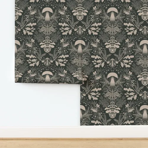 Vista 4 de Papel tapiz para despegar y pegar, diseño de damasco de bosque de hongos, verde oscuro, bosque, caracol, helecho, bellota, papel tapiz extraíble