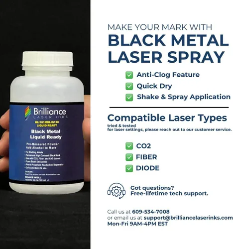 Vista 2 de Polvo de Marcado Láser Listo para Uso - Brilliance Laser Inks - BLI101MBLIQ120 - Tinta Láser Negra para Marcado en Metales con CO2/Fibra/YAG