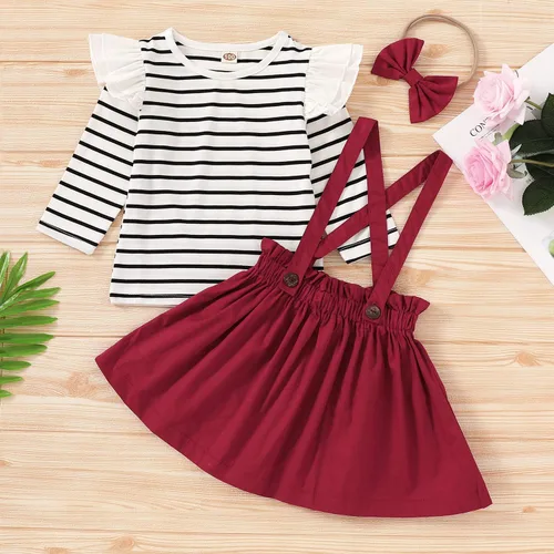Vista 2 de Conjunto de ropa de bebé de 3 piezas para niñas pequeñas overol floral y falda con correa